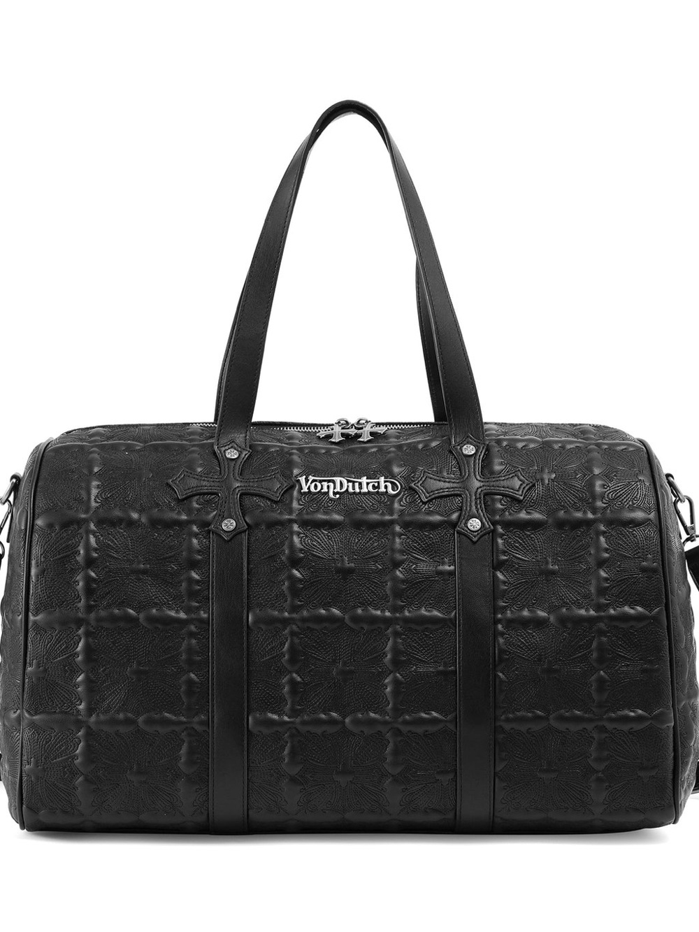 Von Dutch Black Embossed Leather Duffel with Logo Detail
